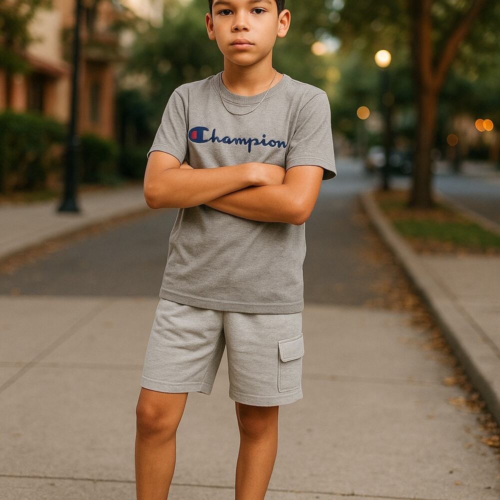 5/$35     ‎  Champion Boys Tee Sz S Gray Logo Short Sleeve Cotton Blend